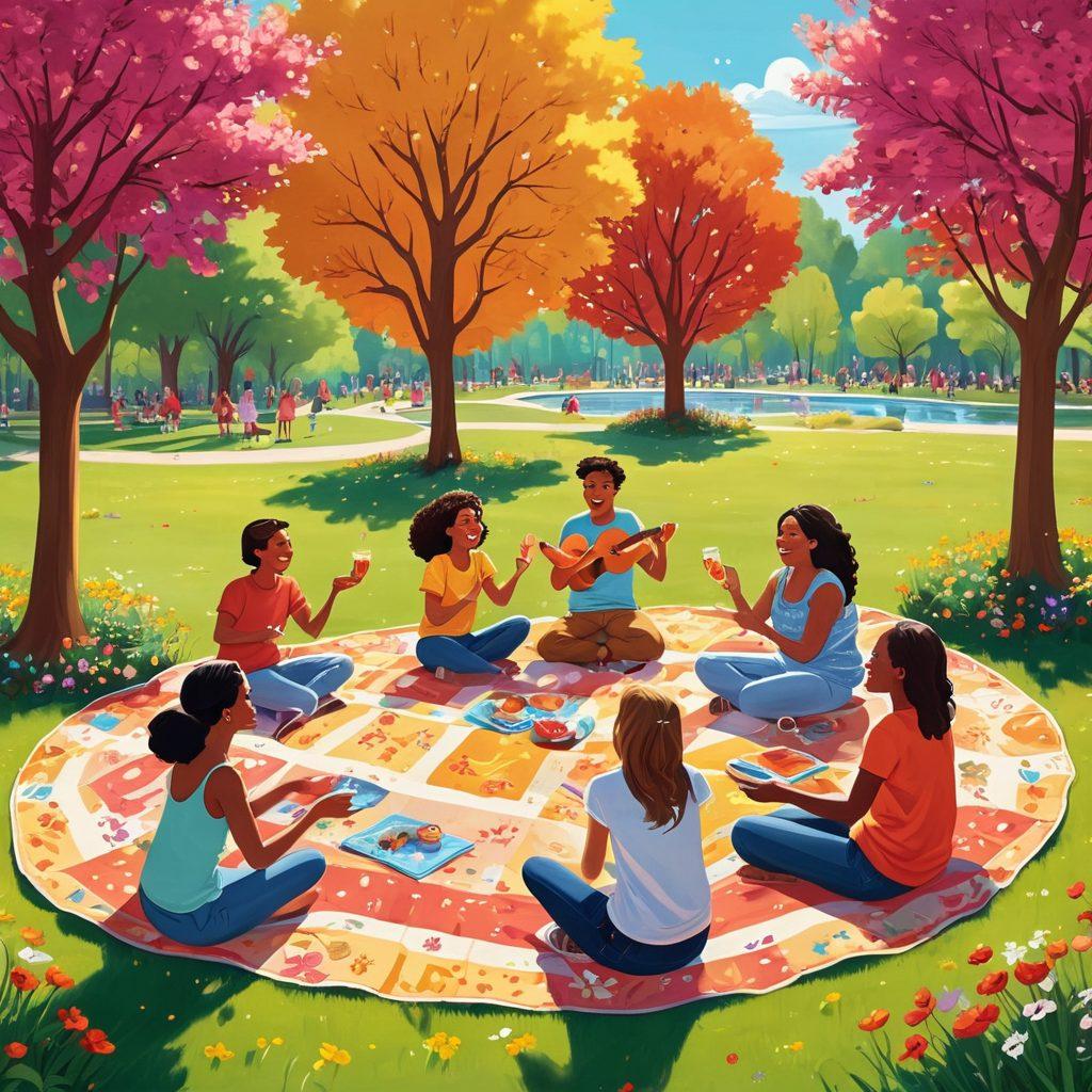 A colorful gathering of diverse friends laughing and sharing joyful moments in a sunlit park, surrounded by blooming flowers and vibrant trees. The scene conveys warmth and connection, with heart-shaped decorations floating in the air. Include picnic blankets, a variety of fun games, and people engaging in activities that symbolize happiness and community. cartoon style. bright colors. cheerful ambiance.