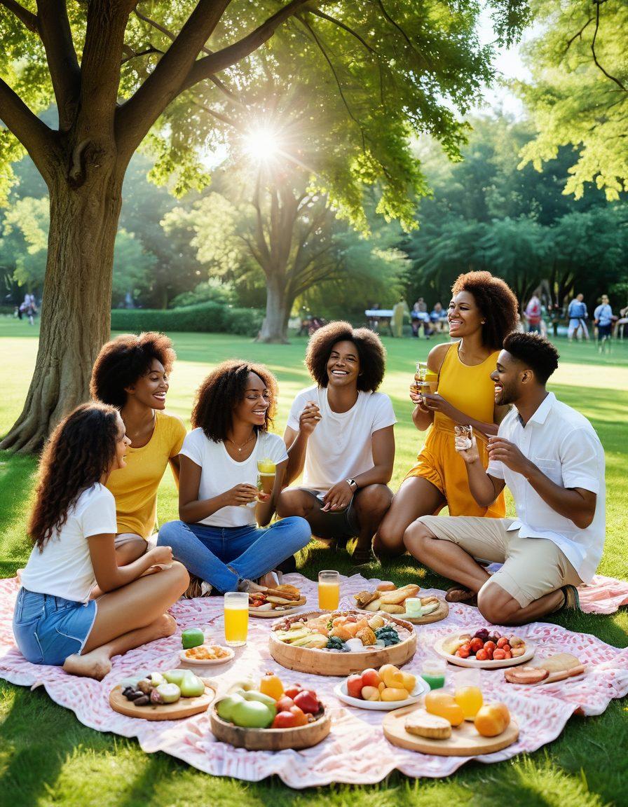 A warm, colorful scene showcasing a diverse group of friends joyfully sharing a picnic in a lush green park, with laughter and playful interactions. Sunlight filters through the trees, casting soft shadows, while a spread of delicious food and drinks enhances the feeling of togetherness. In the background, whimsical bubbles float in the air, symbolizing happiness and connection. The atmosphere is cheerful and inviting, evoking the essence of friendship. vibrant colors. super-realistic.