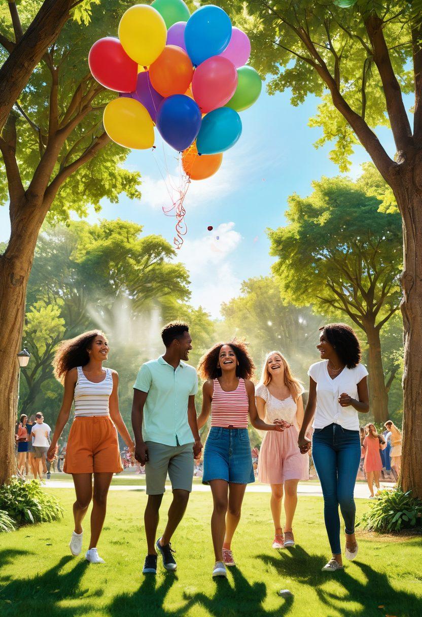 A vibrant illustration of a diverse group of friends laughing and engaging in joyful activities in an outdoor park setting, with colorful balloons and party decorations in the background. Sunlight filters through the trees, creating a warm and cheerful atmosphere, while playful animals frolic nearby. Emphasize expressions of happiness and connection, highlighting the essence of a cheerful social network. super-realistic. vibrant colors. bright background.
